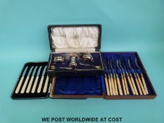 A cased silver plated Mappin & Webb cruet set and two cased sets of cutlery
