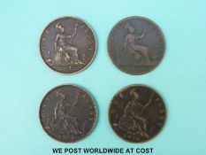 Four Queen Victoria bun head pennies, 1875 F/VF 1890,