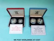 A 1992 silver proof ten pence two coin set together with a 1990 five pence set cased with