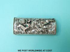 A plated brass vesta decorated with hunting dogs in relief,