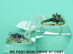 A 9ct gold ring set with diamonds (size J) and a 9ct gold ring set with amethysts (size P)