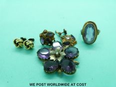 A pair of Victorian yellow metal earrings set with amethysts and paste, a similar pendant,