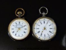 A continental silver ladies fob watch with gilt decorated dial and key wind movement together with