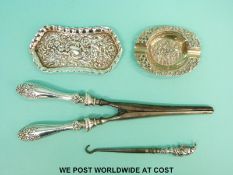 A hallmarked silver Punch button hook, silver tray (length 10cm),