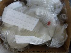 Two boxes containing reels of lace, cord and other curtain lining material and curtain tape,