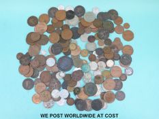 A small tin of UK coinage Georgian onwards, includes catwheel, half pennies,