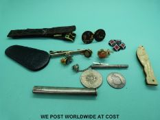 A pair of Japanese cufflinks, studs, white metal tooth pick,