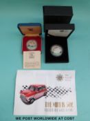 A 50th Anniversary of The Mini cased silver proof £5 coin,