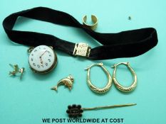A pair of 9ct gold earrings, a yellow metal stick pin, Victorian choker,