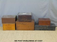 Six wooden and metal boxes