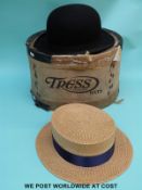 A vintage bowler hat and staw boater in Tress London hat box