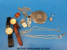 A pearl necklace, compact, silver watch, silver pendant and chain, pearl ring etc.