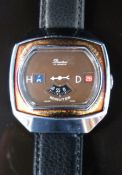 Dimetron by Sicura (Breitling) jump hour gentleman's wristwatch with chocolate coloured face, black,