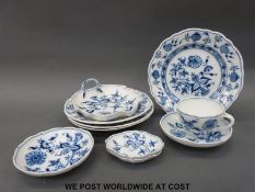 Ten pieces of Meissen blue and white china including leaf dish with handle, four plates, two dishes,