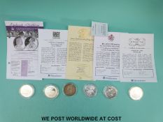 Five mainly £5 silver coins comprising 1890 crown, Winston Churchill, 2005 Gibraltar Royal Year,