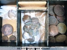 A vintage box containing copper coinage Charles II onwards, some poor, but many gradeable,