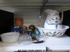 A collection of ceramics and glassware including Bristol pottery jug and bowl set, atomisers,