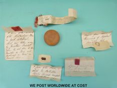 A collection of relics with explanatory notes: A piece of velvet from Louis Philippe's throne