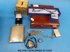 A quantity of silver and other jewellery including lighter on chain, hip flask,