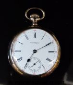 Waltham 9ct gold keyless winding open faced pocket watch with inset subsidiary seconds dial blued