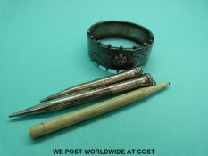 An Edwardian hallmarked silver bracelet, silver pencils etc.