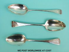Three various Georgian hallmarked silver tablespoons, length 21.