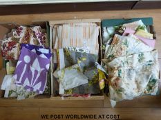 Three boxes containing a large quantity of curtain making fabric to include Kelsey from the