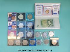 A quantity of modern crowns etc to include a 1935 George V rocking horse crown and cased