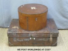 A vintage leather case/trunk with stencilled 'Burke Calcutta' (length 83cm) and a vintage hat box