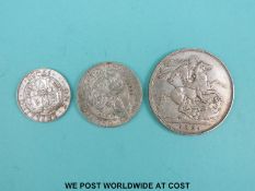 An 1894 Victorian crown LVII, together with a VF 1898 florin and a VF 1900 shilling,