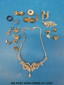 A 9ct gold earring, diamante necklace, Art Deco style brooch,