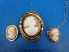A Victorian cameo brooch and two smaller cameos