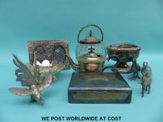 A collection of plated items to include biscuit barrel, teapot, plated frame, box etc.