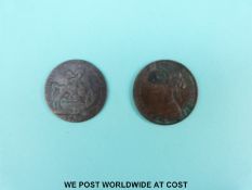 An 1892 Victorian bun head penny VF (some verdigris to obverse) together with a Hampshire Portsea