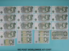 Twenty one various UK £1 bank notes comprising pre and post decimal issues including ten J.