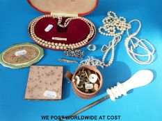 Four strands of faux pearls, studs, two compacts, silver brooches, ivory button hook etc.