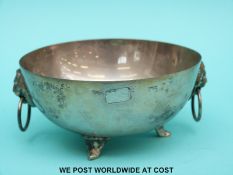 Continental white metal bowl with lion mask handles, stamped 830,