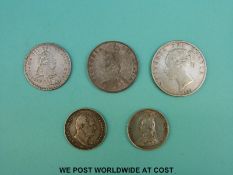 An 1887 Jubilee florin, VF, together with an 1885 wreath reverse half crown F,