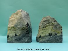 A pair of Skye marble bookends with painted forest decoration, height of longer pair 21.