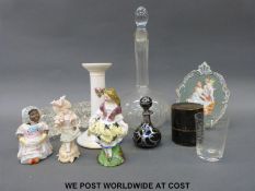 A cut glass decanter, a pair of glass salts,