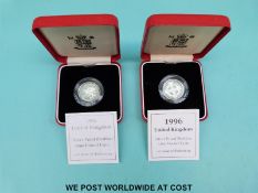 Two cased UK silver proof Piedfort £1 coins with certificates 1995 and 1996