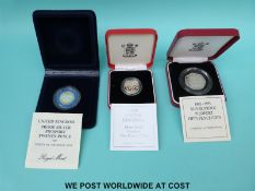 Three cased silver proof piedfort coins comprising 1992-93 50 pence,