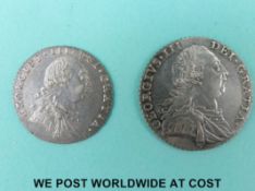 A George III 1787 shilling and a 1787 sixpence crowns in angles reverse F-VF