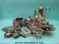 A quantity of silver plated items to include Harrods warmer, wine coasters, toast rack etc.