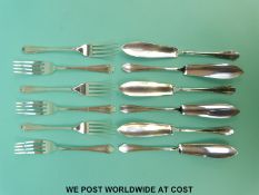 A set of six Art Deco style cake knives and forks, Sheffield 1946 maker James Dixon & Sons,