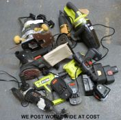 A quantity of tools to include JCB angle grinder, McKeller MCKMOS router, Ryobi drill and vacuum,