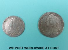 A George II 1758 shilling and a 1731 six pence,