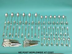 A Georgian Old English pattern 12 place setting canteen of cutlery comprising 12 each of table