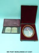 A gelatin & daguerreotype oval photograph of a seated gentleman in case and a similar stereoscopic