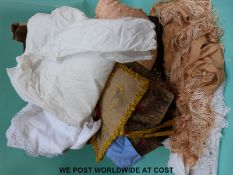 Three boxes of fabric off-cuts and linen to include three night dresses, table covers, blankets etc.